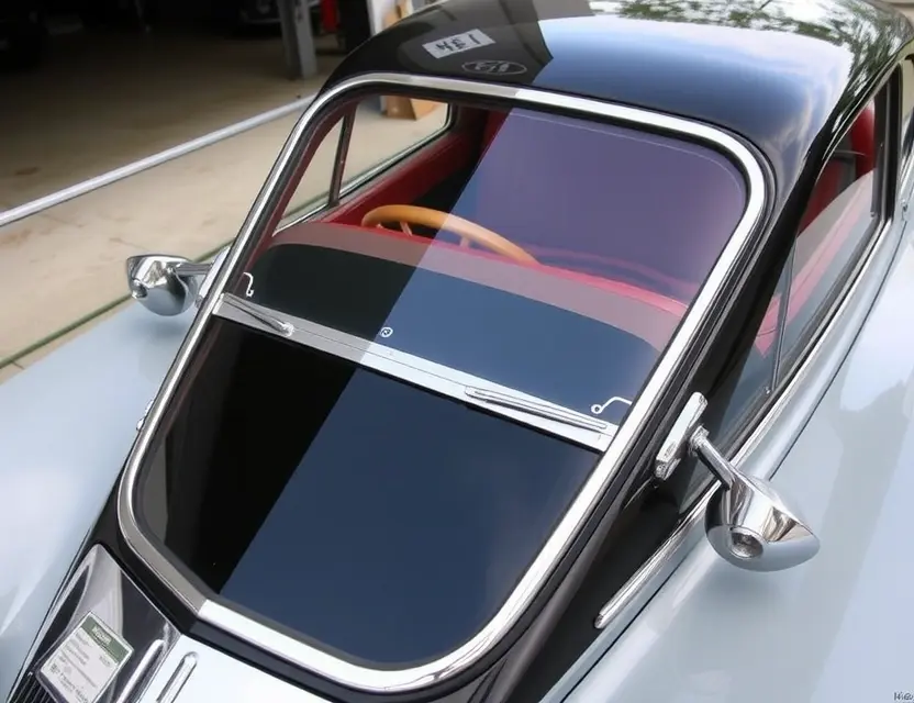 A high-quality image depicting a Hispano Suiza H6 with a replaced windshield. The car should be parked outdoors, possibly in a garage or on a showroom floor. The replaced windshield should be seamlessly integrated with the original glass, showing no visible seams or imperfections. Focus on the details of the car's exterior, highlighting its classic design.