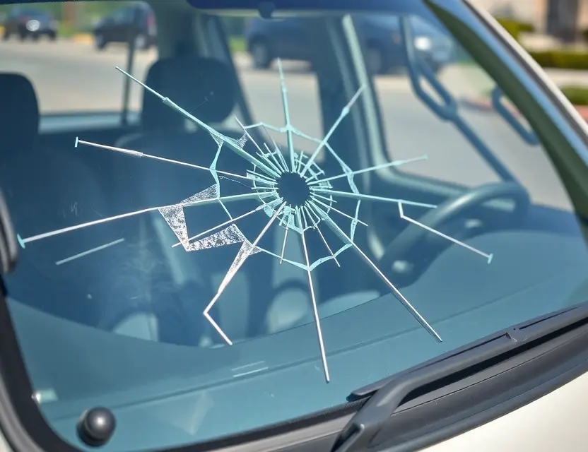 A close-up shot of a Daihatsu Move with a cracked windshield, showing the damage clearly. The car is parked outdoors on a sunny day. Focus on the cracked area and the surrounding glass.