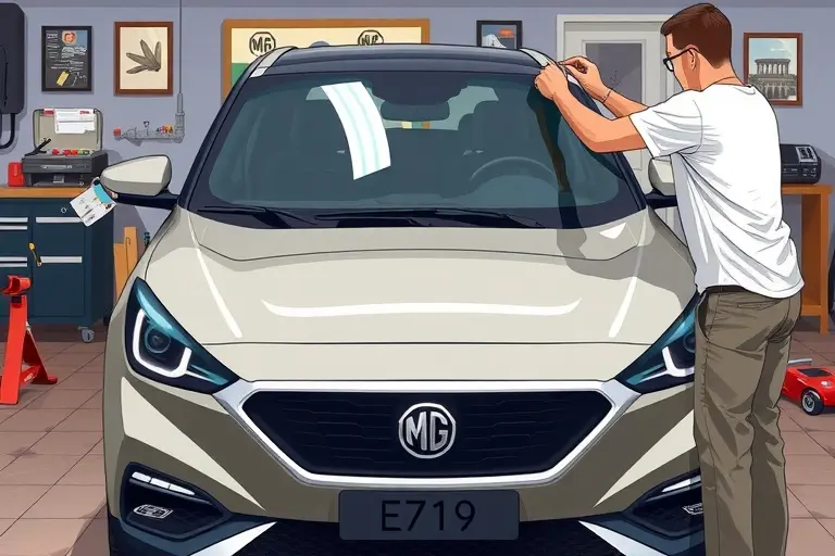 A realistic, high-detail illustration of a mechanic replacing the windshield of an MG ZS EV electric car (2019 model). The scene shows the car’s front side with the hood partially open, the old windshield removed, and a new clear glass panel being installed using tools such as a suction cup, a glass cutter, and a protective cover. The background is a garage setting with a workbench, a car jack, and a toolbox. The image should be realistic, detailed, and free of any text or lettering.