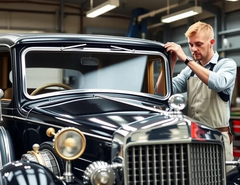Замена лобового стекла Packard Twelve Close-up, high-resolution photograph of a classic 1930s Packard Twelve luxury sedan in a professional auto-glass workshop. The car’s windshield has been completely removed and is sitting on a padded stand beside the vehicle. A technician in clean overalls is carefully aligning a brand-new, crystal-clear windshield into the freshly cleaned frame. Soft overhead workshop lighting highlights the chrome trim, glossy black paint, and intricate Packard Twelve grille ornament. The scene conveys precisio
