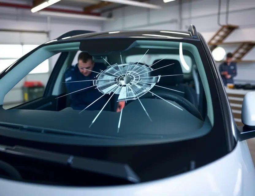 A Chery Tiggo 8 Pro with a cracked windshield, being repaired by a technician in a garage. The focus should be on the windshield replacement process.