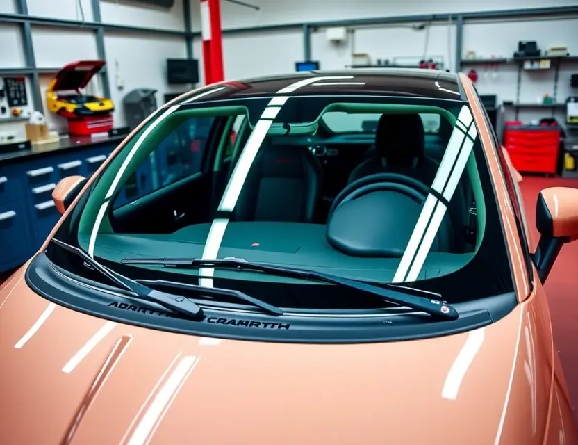 A modern Abarth Pulse car with a newly replaced front windshield, clean and shiny, parked in a well-lit auto service center with professional tools and equipment in the background, no people, no text, no logos