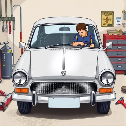 A detailed, realistic illustration of a mechanic replacing the windshield on a 1973-1980 Austin Allegro 1.1L R4 49 hp. The scene shows the car in a garage, the old cracked windshield removed, a new clear glass panel being fitted, with tools such as a suction cup, a glass cutter, and a sealant gun visible. The background includes a workbench, a car jack, and a toolbox. The focus is on the car's front, the windshield area, and the mechanic's hands in action, with a subtle, neutral lighting that highlights the glass clarity and the car's classic 1970s design.