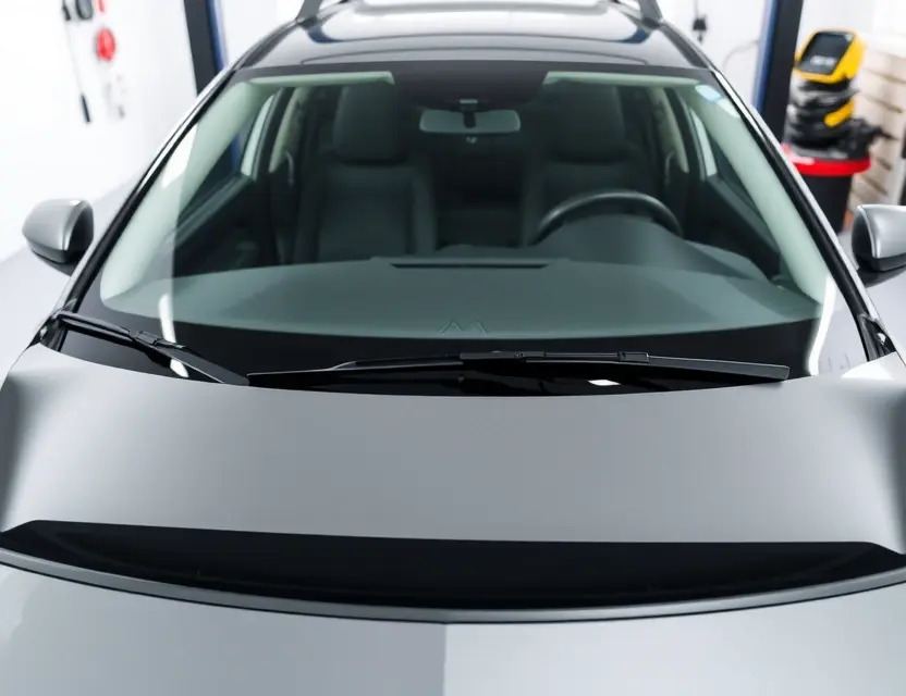 Замена лобового стекла Hennessey A car with a replaced front windshield, showing the new glass clearly, no text or logos, professional automotive repair setting, clean and well-lit