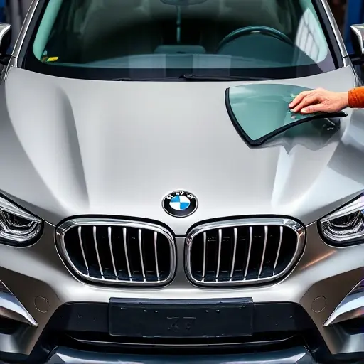 A close-up of a BMW X3 front windshield being replaced, showing the car's front view, the replacement glass, a mechanic's hands, tools, and a partially removed old glass, with a clear, realistic style