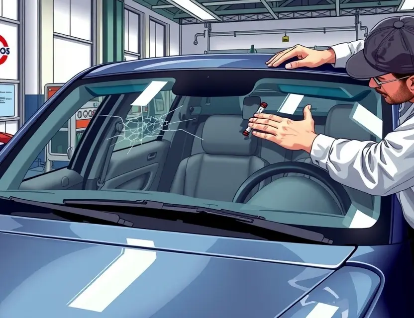 A detailed illustration of a Qoros 3 car with its windshield being replaced by a mechanic in a modern auto repair shop, showing the old cracked windshield being removed and a new one being installed with precision tools, realistic lighting, focus on the windshield and hands working, no text or labels visible