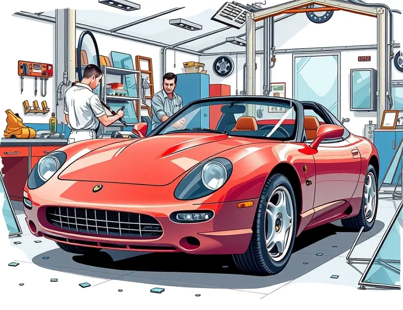 A detailed illustration of a Panoz Esperante sports car with its windshield being replaced in a professional auto glass repair shop, showing a technician carefully installing a new windshield using suction tools, with the car's distinctive long hood, open-top design, and classic curves visible, under bright workshop lighting with tools and glass fragments neatly arranged nearby