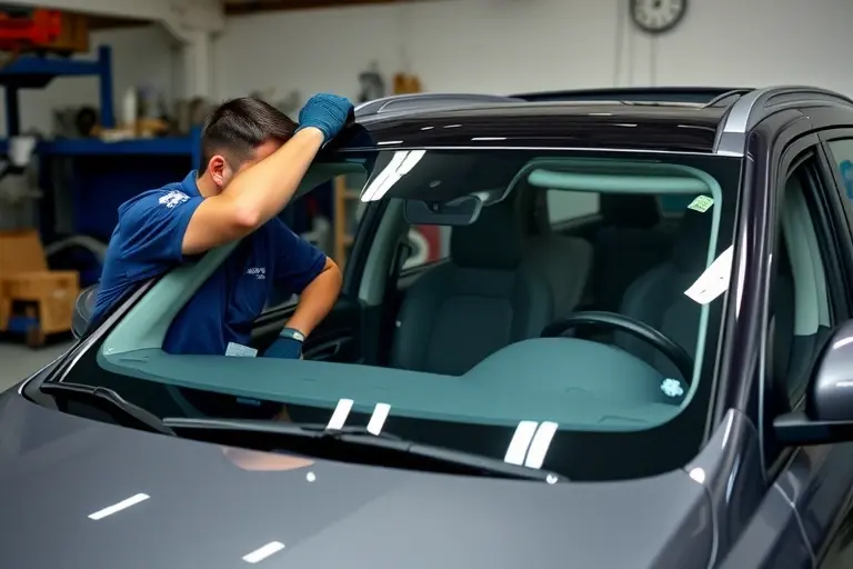 A mechanic replacing the windshield of a Haval H6 2.0 Turbo 224 hp (2020–present) in a garage setting, with the car partially opened, tools and a new windshield visible, no text or logos