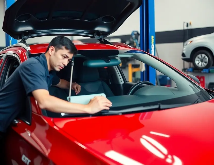 A professional automotive service center showing a technician carefully replacing a windshield on a car, with tools and equipment neatly arranged, clean and well-lit environment, no text or logos visible