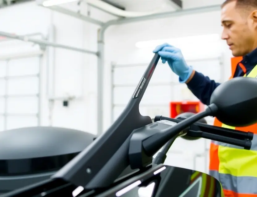 A close-up shot of a Renault Samsung Moto windshield being replaced by a technician. The technician is wearing a safety vest and gloves, and the windshield is being held in place with suction cups. The background is a clean, well-lit garage.