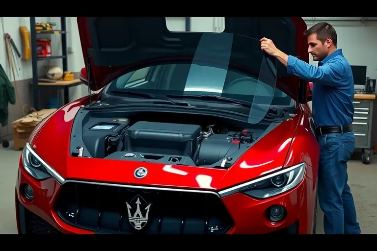 A detailed, realistic depiction of a mechanic replacing the windshield of a Maserati Levante Trofeo 3.8 V8 Twin Turbo in a garage setting. The scene shows the car's hood open, the old windshield removed, a new windshield being held by the mechanic, with tools and a workbench in the background. The focus is on the car's sleek design and the precision of the replacement process, with no visible text or logos.
