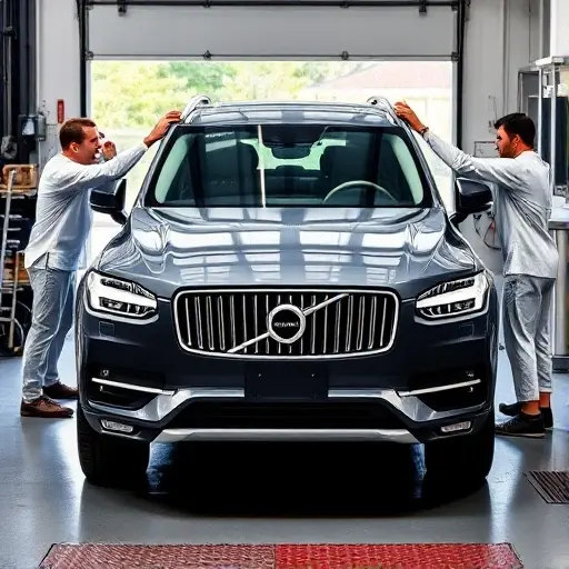 A realistic scene of a Volvo XC90 B6 AWD 2.0 Turbo with Supercharge undergoing windshield replacement: the vehicle is positioned in a modern auto repair garage, technicians in clean workwear are carefully removing the old windshield and installing a new one, tools and safety equipment are visible, the focus is on the car and the glass work, with natural lighting highlighting the sleek lines of the SUV and the transparent new windshield.