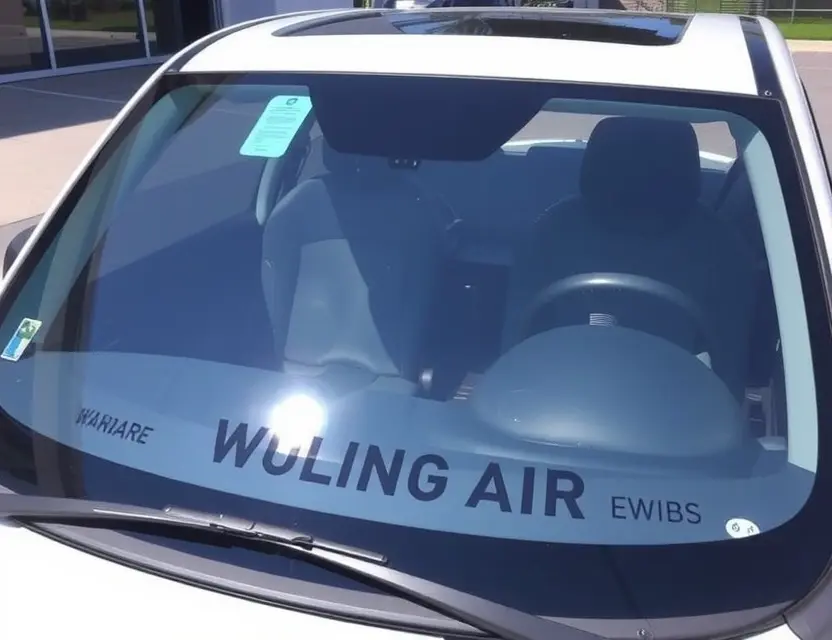 A Wuling Air EV with a replaced windshield, showcasing the new glass. The car is parked outdoors on a sunny day. Focus on the clarity and quality of the replacement windshield.