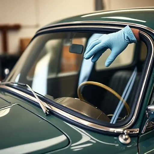 Close-up, realistic view of a classic Aaglander Victoria car with its windshield removed and a new windshield being carefully positioned by gloved hands, clean workshop background, soft daylight