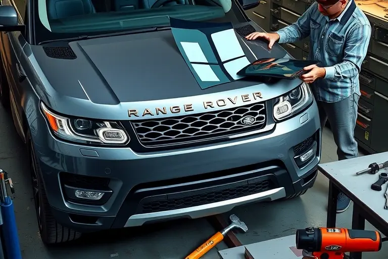 A detailed, realistic depiction of a mechanic in protective gear removing and replacing the windshield of a Range Rover Sport 3.0 I6 MHEV 400 hp. The scene shows the car's front profile, the mechanic holding a new windshield, tools scattered on a workbench, and the old windshield partially removed. The focus is on the vehicle and the replacement process, with no visible text, logos, or numbers.