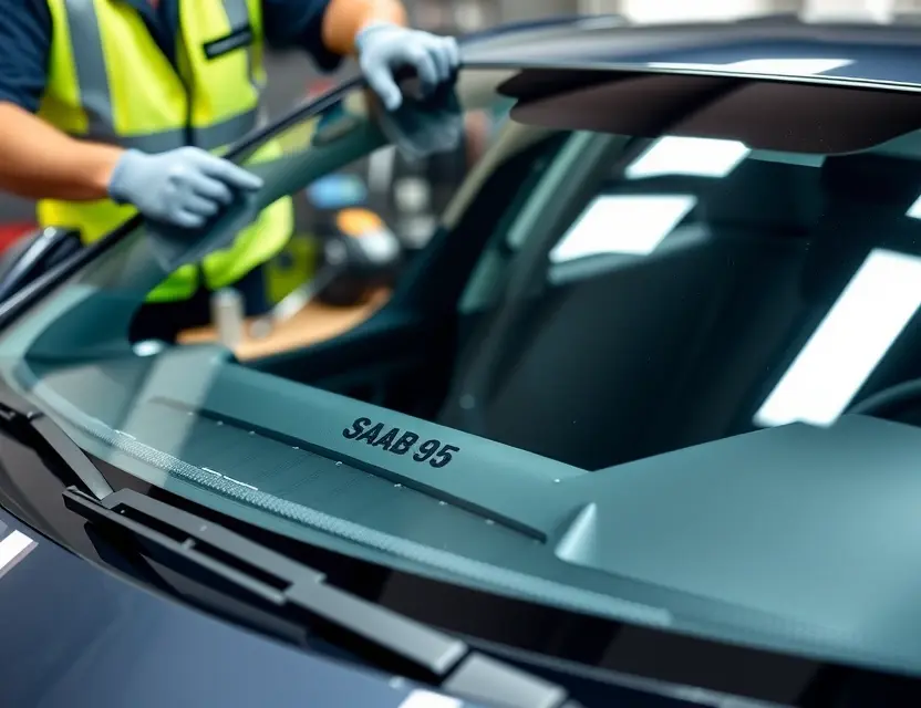 A close-up shot of a Saab 9-5 Aero windshield being replaced by a mechanic. The mechanic is wearing gloves and a safety vest. The windshield replacement process is visible, with tools and parts scattered around. Focus on the details of the windshield and the replacement procedure.