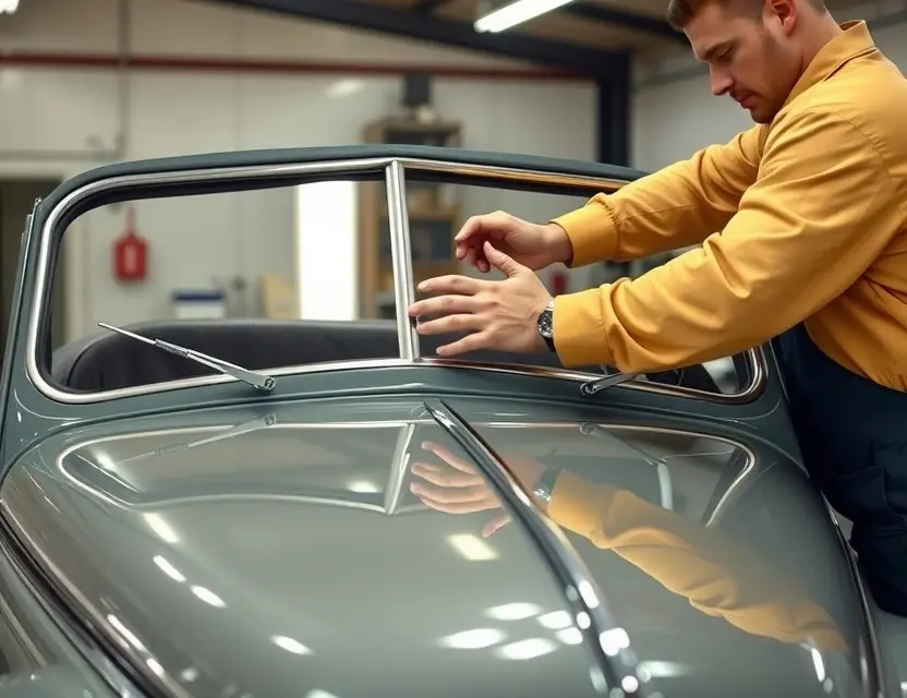 Замена лобового стекла Cord L 29 A car mechanic replacing the windshield of a Cord L 29 automobile, showing detailed tools and hands working carefully on the vehicle's front glass, in a well-lit garage with professional equipment, no text or labels