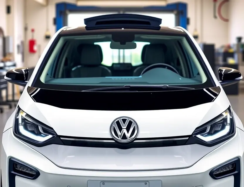 Замена лобового стекла Volkswagen ID. Buzz A Volkswagen ID. Buzz with a newly replaced front windshield, clean and modern electric vehicle design, no damage or cracks, professional auto repair shop background with soft lighting, no people, no tools, no text