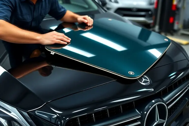 A detailed close-up of a mechanic replacing the windshield of a Mercedes Benz C 63 S AMG E Performance 2, showing the car's front, the new glass panel, the tools, and the service environment, with a focus on precision and automotive craftsmanship.