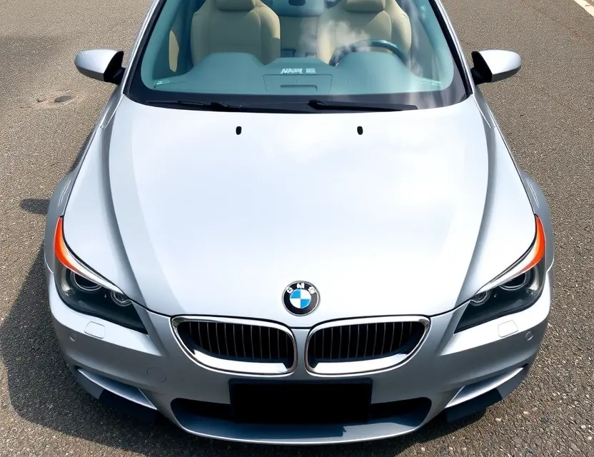 A high-quality image depicting a BMW M5 (E60) with a replaced windshield. The windshield is visibly new and clear, contrasting with the older, replaced section. The car is parked outdoors on a clean asphalt surface. Focus on the details of the replacement and the overall condition of the car.