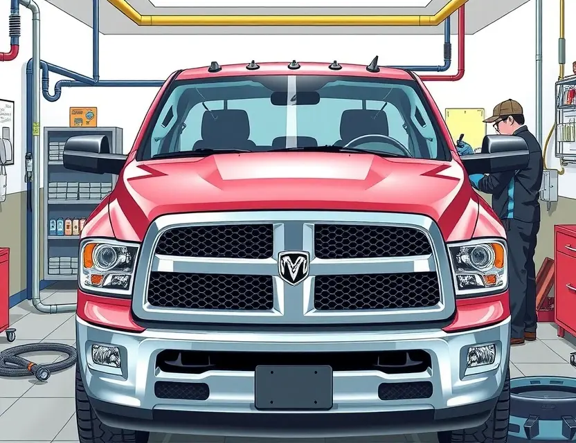 A detailed illustration of a RAM 1500 pickup truck with its windshield being replaced by a mechanic in a professional auto glass repair shop, showing the old cracked windshield being removed and a new one being installed with suction tools, surrounded by typical shop equipment like adhesive cartridges, gloves, and safety glasses, with focus on the truck's front end and windshield area, realistic lighting and textures