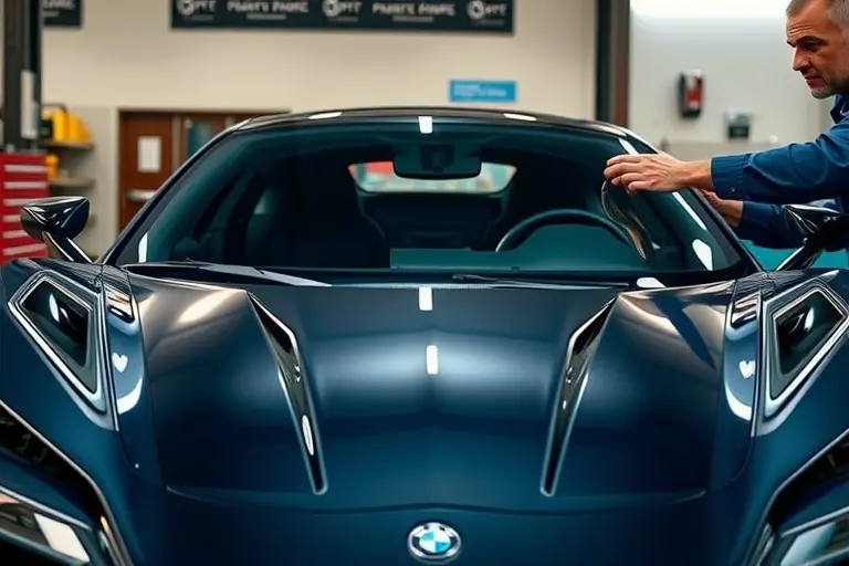 A detailed, realistic scene of a Venturi 400 GT 3.0 V6 Twin Turbo (400 hp) in a workshop, with a mechanic carefully removing the old windshield and installing a new one. The focus is on the car's sleek front profile, the windshield glass, and professional tools like suction cups and a protective film. The background shows a clean garage environment with subtle lighting, emphasizing the precision of the replacement process.