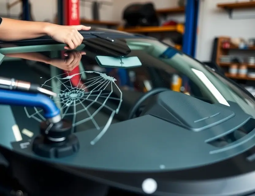 A Geome Xingyuan car with a cracked windshield undergoing a replacement. The replacement windshield is being installed by a mechanic in a garage setting. Focus on the windshield replacement process.