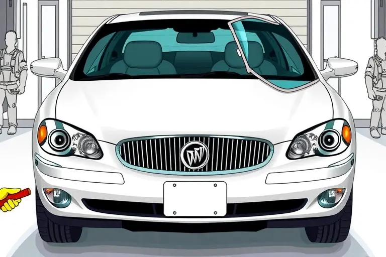 A detailed illustration of a 2006-2008 Buick Riviera with a 3.6 V6 engine, shown from the front as a mechanic replaces the front windshield. The damaged windshield is removed and a new glass panel is being installed in a clean garage setting. Visible tools include suction cups, a rubber mallet, and protective gloves. Emphasize realistic lighting, high detail, and focus on the car and windshield replacement process.