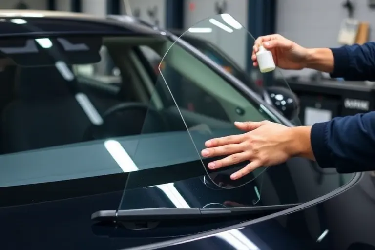 A close-up of a mechanic replacing the windshield of a 2019 Mazda 3 2.0 Skyactiv G. The scene shows the car's front in a garage, the old windshield removed, a new clear glass panel being fitted, with tools such as a suction cup, cleaning solution, and protective film. Focus on the glass and the mechanic's hands, with a subtle workbench background.