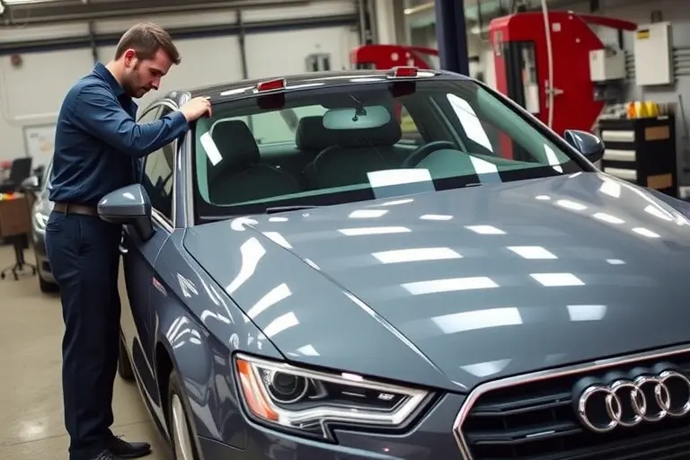 A realistic scene of an Audi A3 (2012-2016) parked in a workshop, with a professional mechanic in work clothes carefully removing the front windshield using suction cups and tools, showing the windshield partially lifted and the car's interior visible, emphasizing the details of the car's body and the replacement process, no text or logos