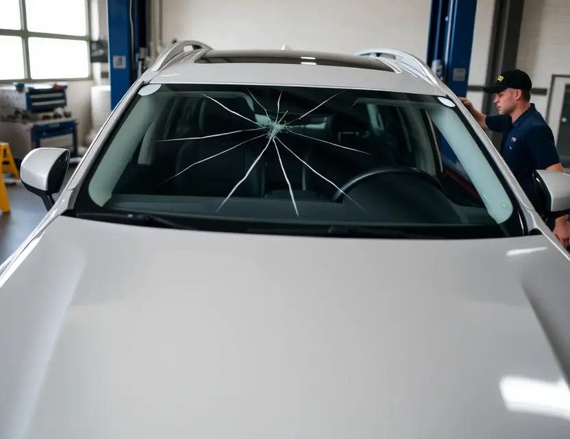 A Volvo XC90 with a cracked windshield being replaced by a technician. The car is parked on a service lift in a garage. Focus on the replacement process, showing the new windshield being installed.