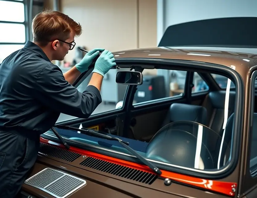 A detailed view of a professional mechanic replacing the windshield of a LADA Largus car. The scene should include the mechanic wearing safety gloves and using specialized tools to carefully remove the old windshield and install a new one. The car should be parked in a well-lit garage or workshop, with the hood open and the interior visible. The mechanic should be focused on the task, ensuring precision and safety.