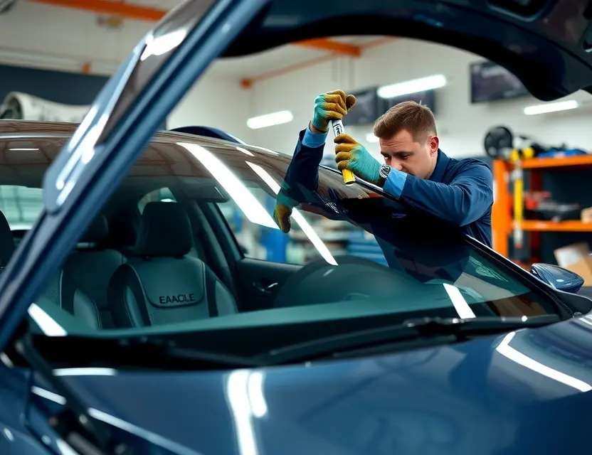 Замена лобового стекла Eagle Premier A detailed image of a professional mechanic replacing the windshield of an Eagle Premier car. The scene should include the car with its hood open, the mechanic wearing safety gloves and using specialized tools to carefully remove the old windshield and install the new one. The setting should be a well-lit auto repair shop with various car parts and tools organized in the background.