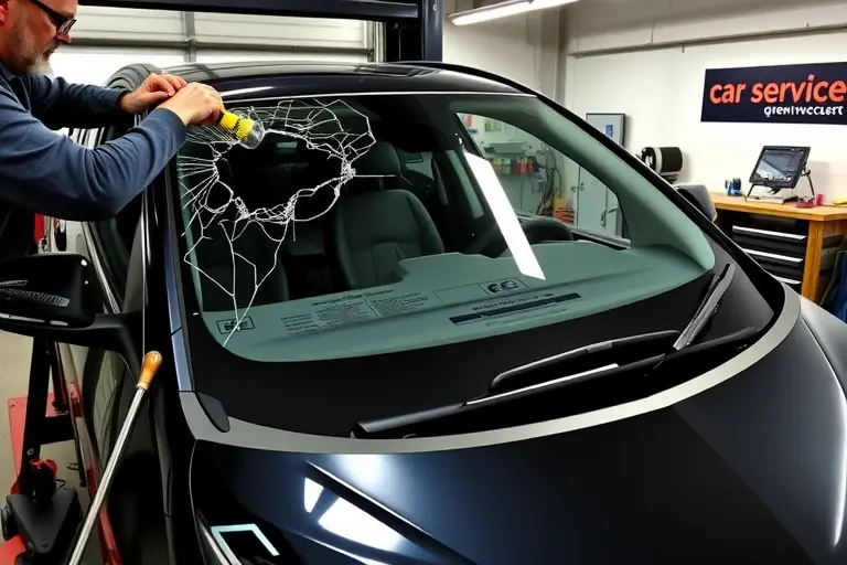 A detailed workshop scene showing a mechanic replacing the windshield of an Opel Grandland PHEV 225 hp (2019 model). The car is on a hydraulic lift, the old cracked windshield is removed, a new clear windshield is being fitted. Tools such as a suction cup, a cleaning brush, and a sealant kit are visible. The background shows a clean garage with a workbench and a car service sign, but no text or logos are present.
