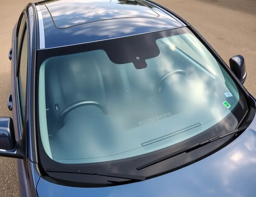 A high-quality image depicting a BMW 3er (F30) with a replaced windshield. The windshield is clear and undamaged, contrasting with the original windshield which is cracked and being replaced by a new one. The car is parked outdoors on a clean asphalt surface. Focus on the detail of the replacement process and the new windshield's clarity.