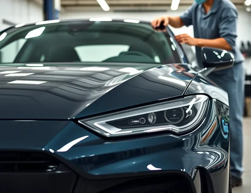 A high-quality, realistic close-up shot of a Cupra car with its front windshield being replaced by a professional technician in a clean auto glass workshop. The image should focus on the sleek design of the Cupra vehicle, the clear new windshield, and the specialized tools used for installation, with bright, even lighting and a blurred background to emphasize the car and the service.