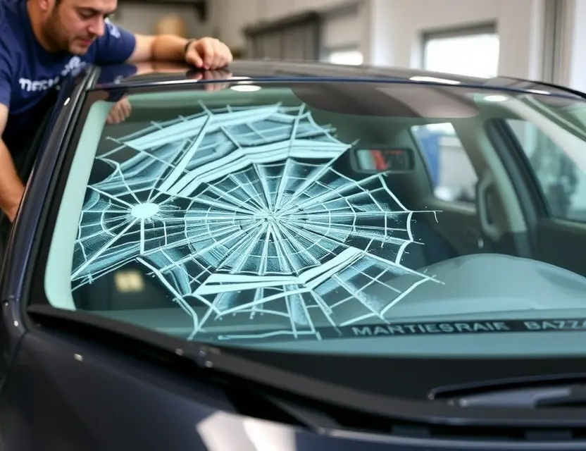A Mazda CX-60 with a cracked windshield being replaced by a technician in a garage. The focus is on the replacement process, showing the new windshield being installed.