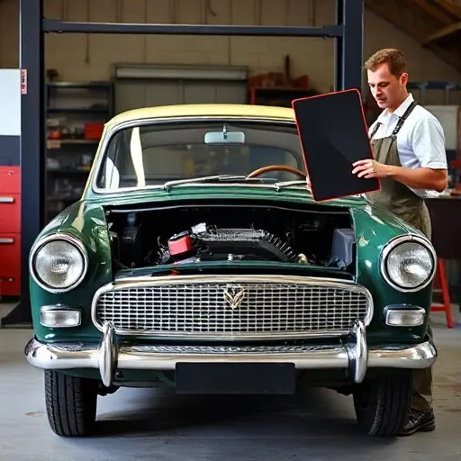 A classic 1960s Austin A60 car with its front windshield removed, a mechanic in a work apron holding a new windshield, the car on a lift or jack, showing the replacement process
