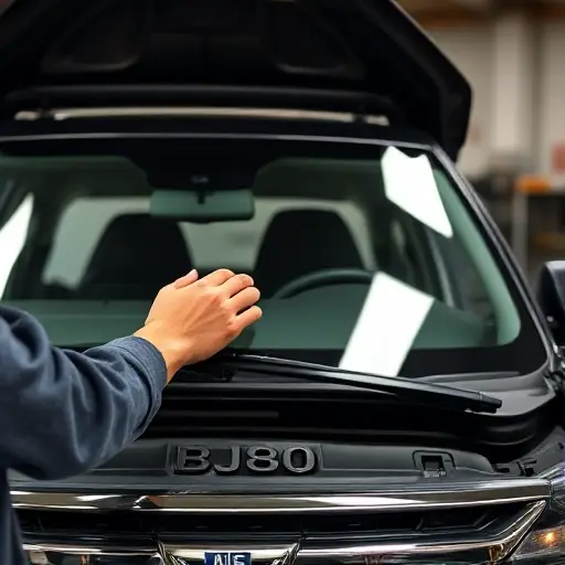 A close-up of a mechanic's hands carefully aligning a new windshield on the front of a BAIC BJ80 SUV, with the vehicle's hood open, the old windshield removed, and the new glass being fitted, in a well-lit workshop setting.