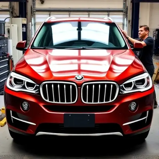 A mechanic in a garage replacing the windshield of a 2018 BMW X5 3.0 L 340 hp, showing the front of the car with the old windshield removed and the new windshield being installed, tools and a service manual visible, no text or numbers in the image
