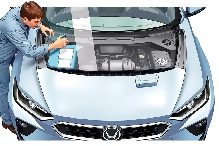 A detailed, realistic illustration of a mechanic replacing the windshield on a Lynk & Co 09 PHEV 2.0T vehicle. The scene shows the car's front profile with the new glass installed, the mechanic's hands and tools visible, and the electric motor exposed in the hood. The focus is on the precision of the replacement process, with clear lighting and realistic textures of metal, glass, and rubber. No text, logos, or faces should be present.