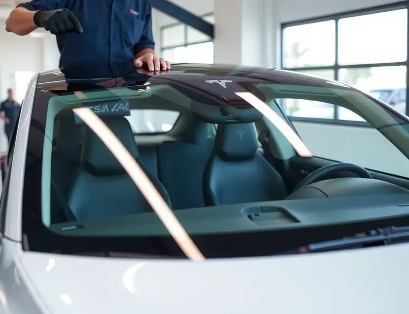 Замена лобового стекла Tesla A Tesla vehicle with a new windshield being installed by a professional technician in a clean, well-lit auto service center, showing the precision of the replacement process, no tools or parts visible except the windshield and the car