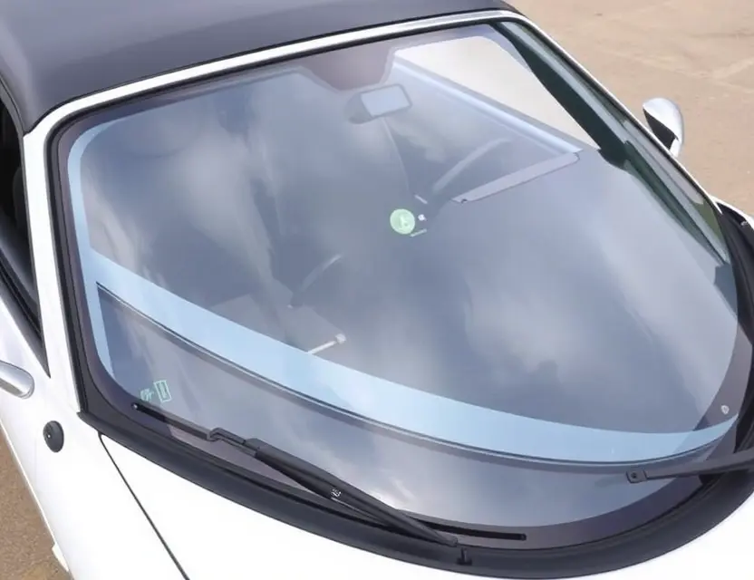 A Ginetta G40 with a replaced windshield, showcasing the new glass. The car is parked on a clean, well-lit surface. Focus on the clarity and fit of the replacement windshield.