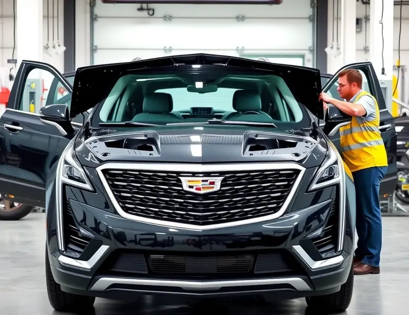 A high-quality, realistic photo of a Cadillac XT5 in a professional auto repair shop with its front windshield removed, showing the exposed frame and interior dashboard, with a technician in safety gear preparing to install a new glass panel, bright workshop lighting, clean environment, no text or logos