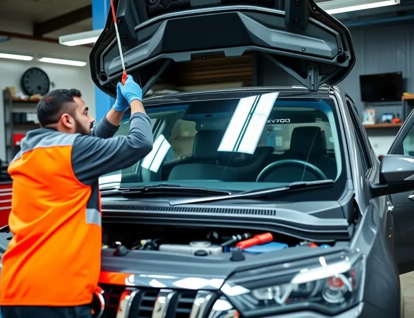 Замена лобового стекла Mahindra XUV700 A professional mechanic replacing the windshield of a Mahindra XUV700 SUV. The scene should include the car with its hood open, the mechanic wearing safety gloves and using specialized tools to carefully remove the old windshield and install the new one. The setting should be a well-lit auto repair shop with various automotive tools and equipment in the background.