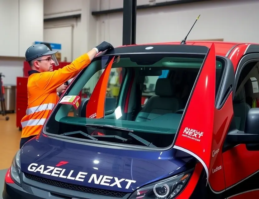 A professional mechanic replacing the windshield of a GAZelle NEXT vehicle. The scene should include the mechanic wearing safety gear, the vehicle with its hood open, and the new windshield being carefully installed. The setting should be a well-equipped auto repair shop with tools and equipment visible in the background.