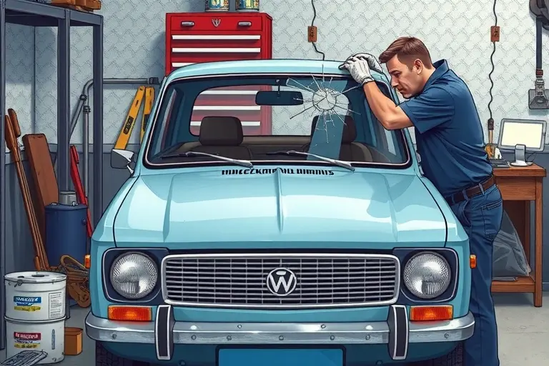 A detailed illustration of a mechanic replacing the windshield on a Moskvich 2140 1.5L 75hp car from the 1976-1988 era, showing the car's front profile, the old cracked windshield being removed, the new clear glass being installed, with tools and a workbench in a garage setting