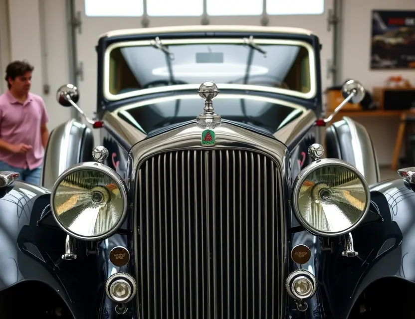 Замена лобового стекла Duesenberg Model J A vintage Duesenberg Model J car with a newly replaced windshield, viewed from the front angle, showing the sleek chrome trim and classic 1930s automotive design, in a well-lit garage setting with soft shadows, no people, no text, no logos