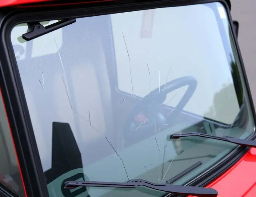 A close-up shot of an Eicher Terra 15 vehicle with a replaced windshield. The windshield should be clear and new, contrasting with the older, potentially cracked or damaged windshield. The vehicle should be parked on a clean, paved surface. Focus on the windshield replacement detail.