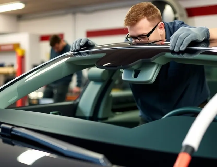 A close-up shot of a Buick LaCrosse windshield being replaced by a mechanic. The mechanic is wearing gloves and safety glasses, and the windshield is being held in place by suction cups. The background is a garage with tools and equipment.